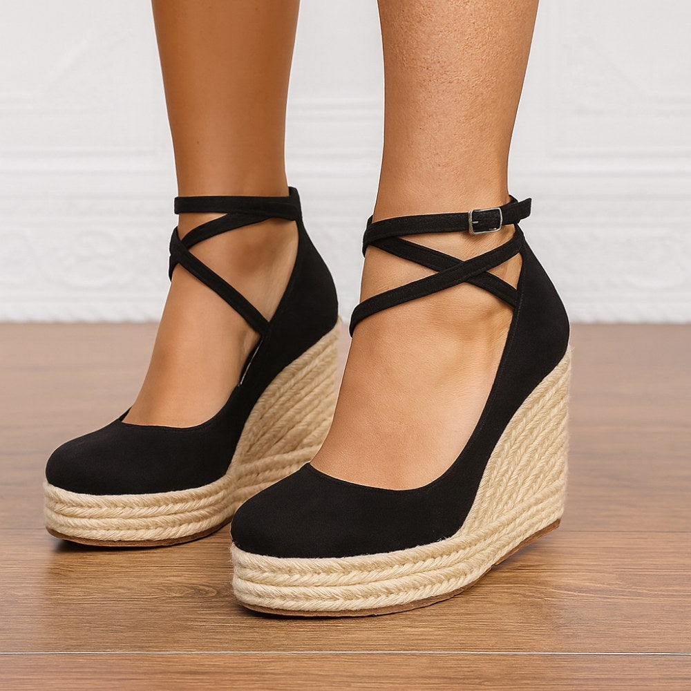 Savannah | Women's Orthopedic Suede Espadrille Wedge Sandals - Black