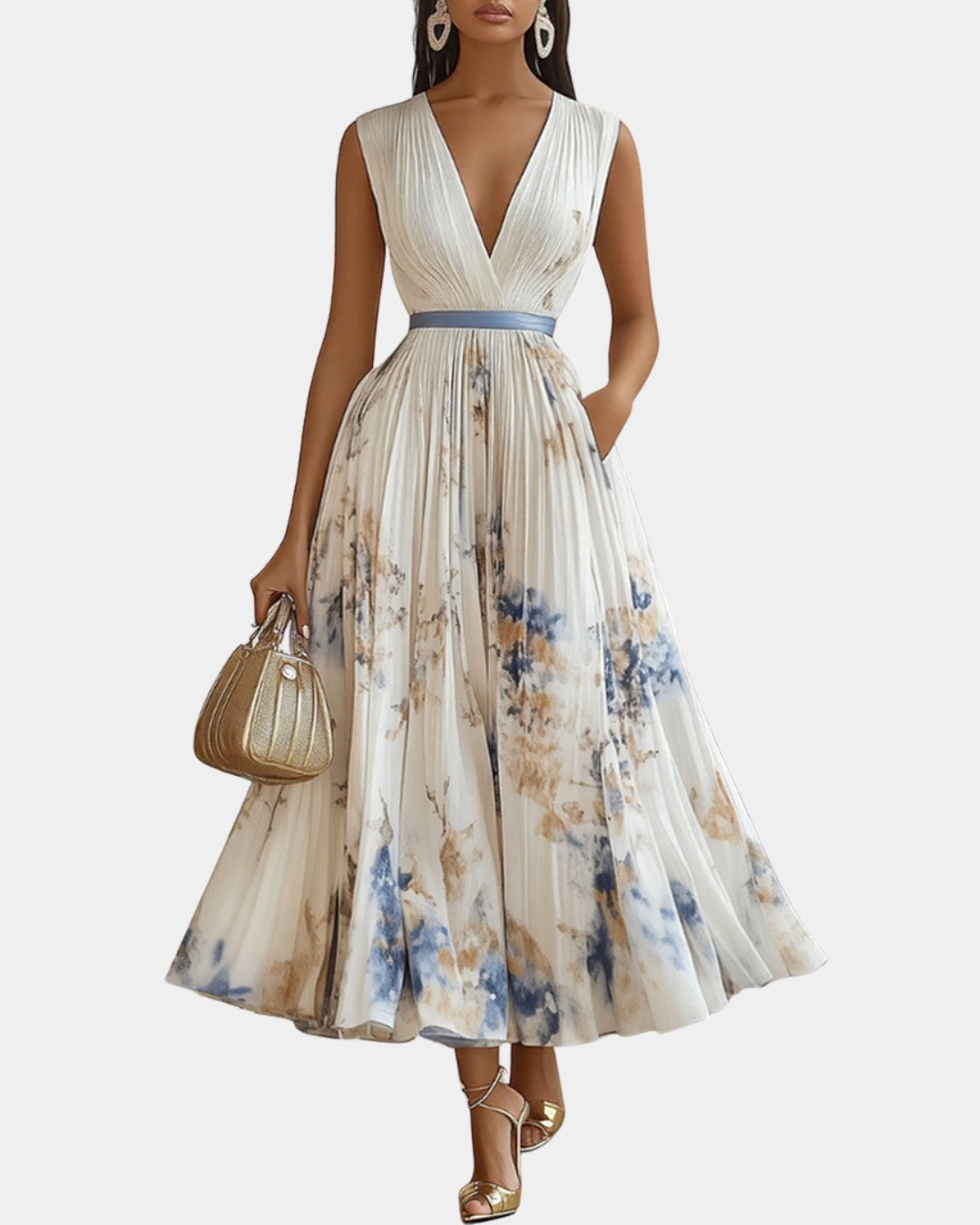 Savannah | Women's Pleated V-Neck Maxi Dress - White