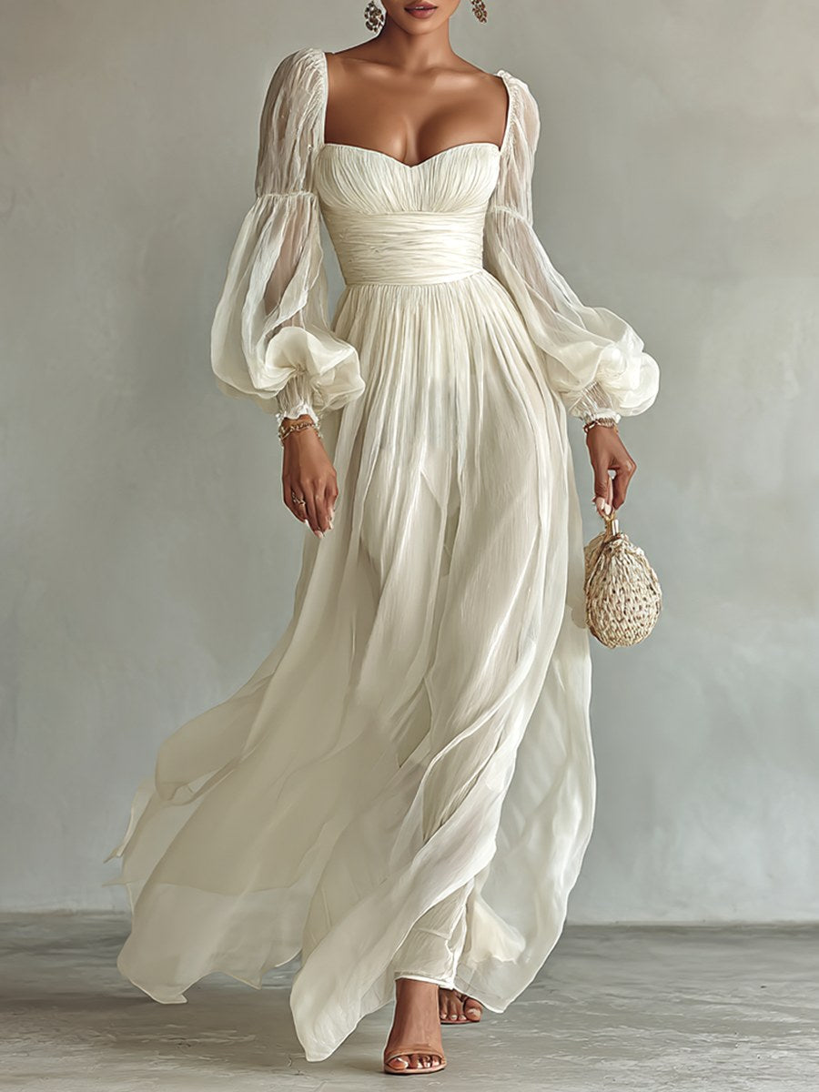 Savannah | Women's Square Neck Long Sleeve Chiffon Maxi Dress - White