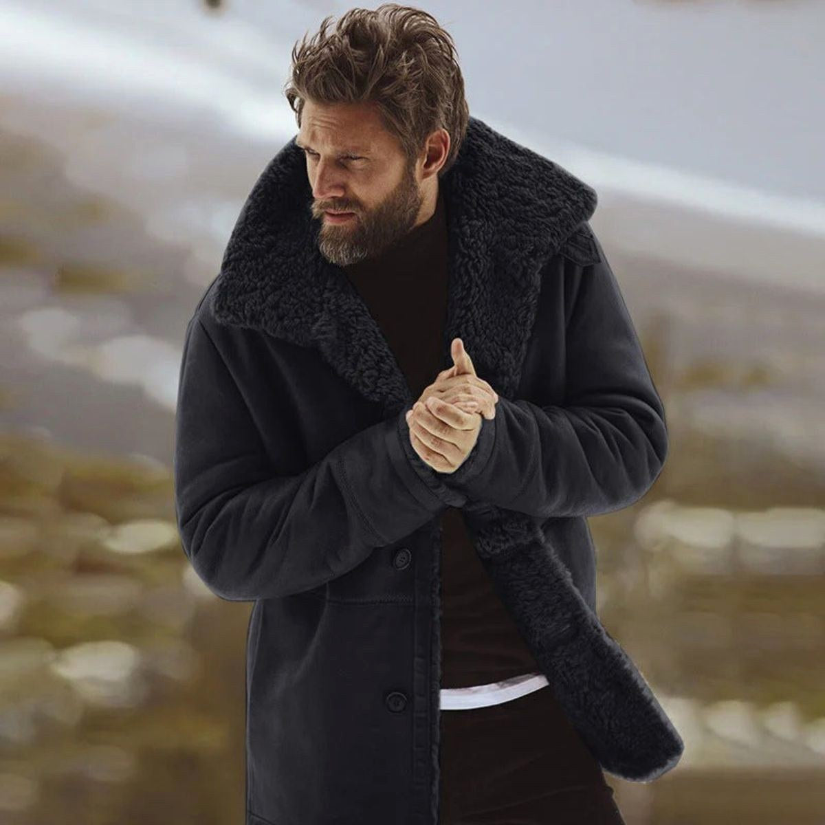 Sawyer | Men's Shearling Collar Overcoat, Tailored Winter Coat | Animated Apparel