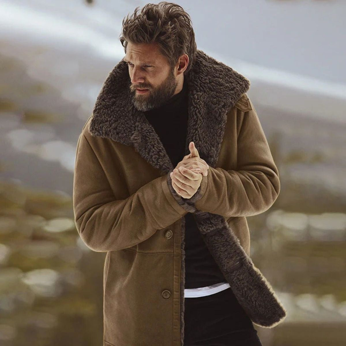 Sawyer | Men's Shearling Collar Overcoat, Tailored Winter Coat | Animated Apparel