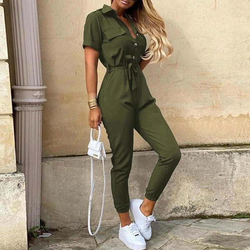 Saylor | Women's Tie-Waist Ankle-Length Jumpsuit - Army Green