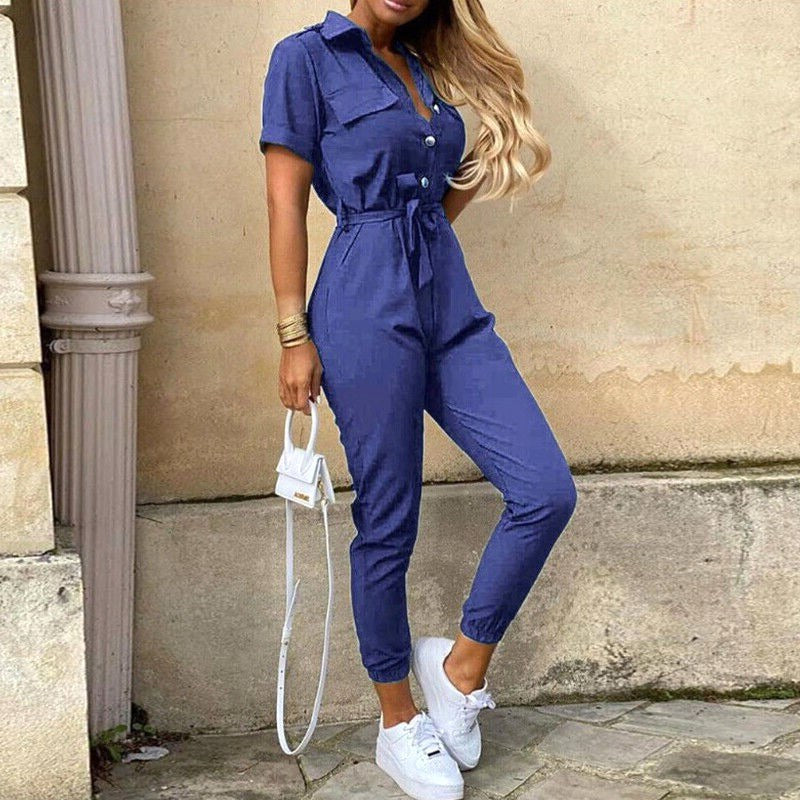 Saylor | Women's Tie-Waist Ankle-Length Jumpsuit - Blue