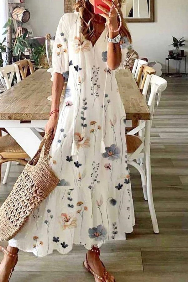 Scarlett | Women's Cotton Floral V-Neck Maxi Dress - White