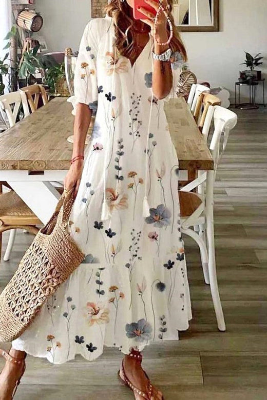 Scarlett | Women's Cotton Floral V-Neck Maxi Dress - White