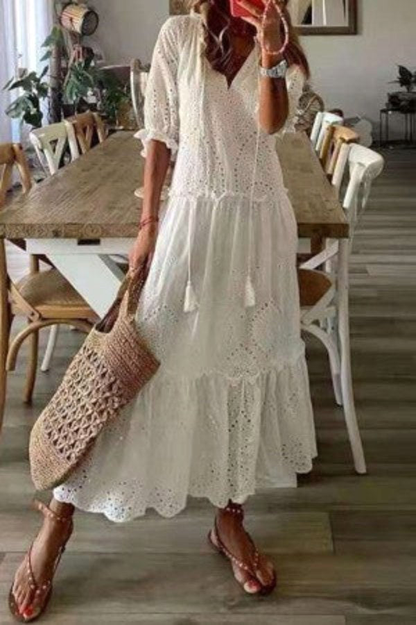 Scarlett | Women's Cotton Floral V-Neck Maxi Dress - White 2
