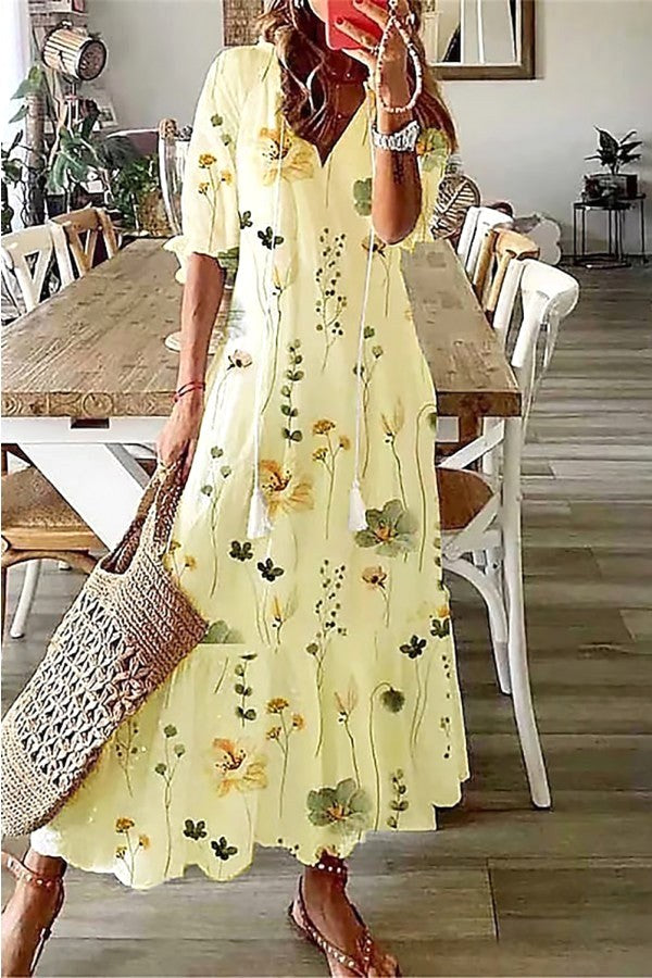 Scarlett | Women's Cotton Floral V-Neck Maxi Dress - Yellow