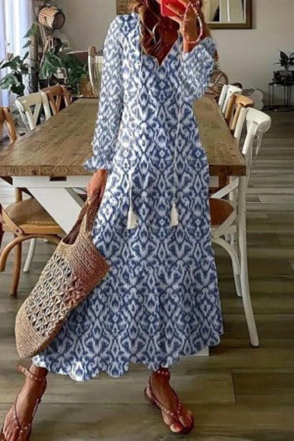 Scarlett | Women's Cotton Floral V-Neck Maxi Dress - Blue
