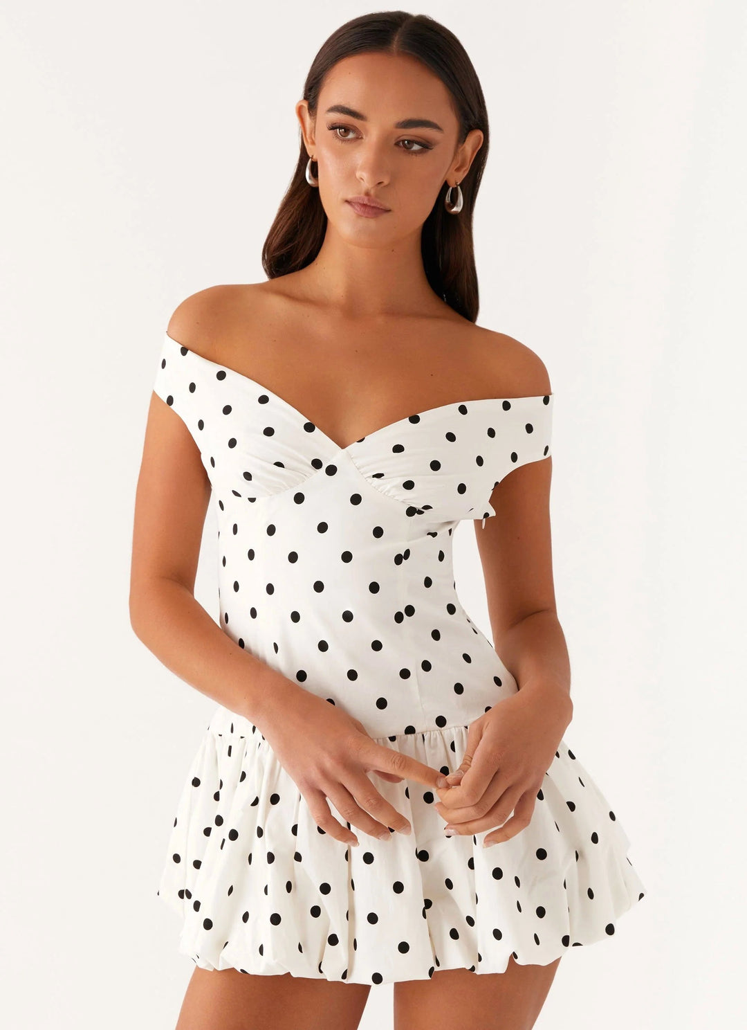 Scarlett | Women's Off-Shoulder Polka Dot Peplum Mini Dress - White