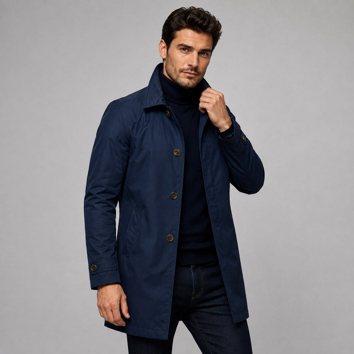 Scott | Men's Tailored Longline Coat, Button Front Overcoat | Animated Apparel | Navy