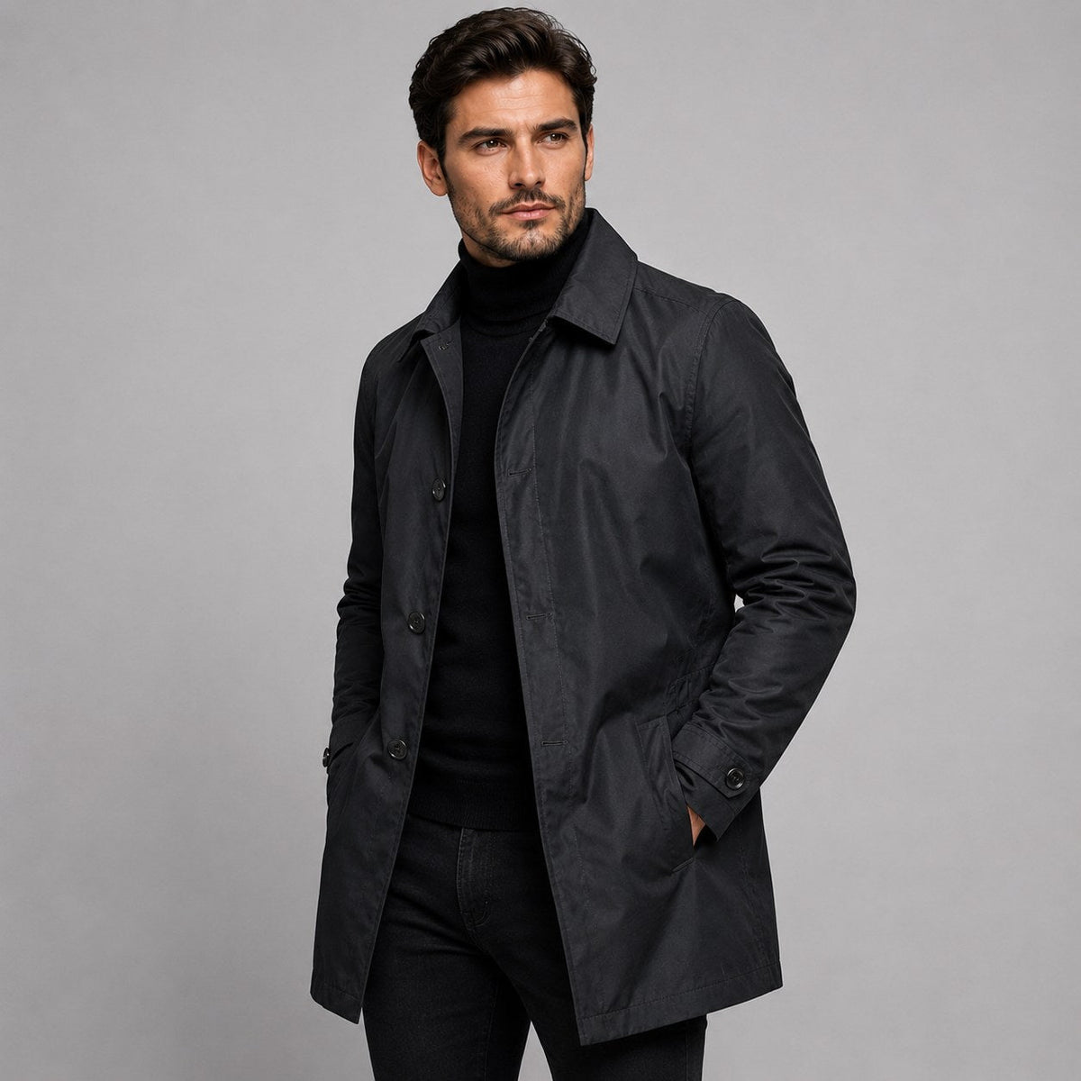 Scott | Men's Tailored Longline Coat, Button Front Overcoat | Animated Apparel | Black