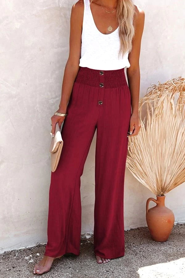 Serena | Women's High-Waist Wide-Leg Linen Trousers - Navy Blue
