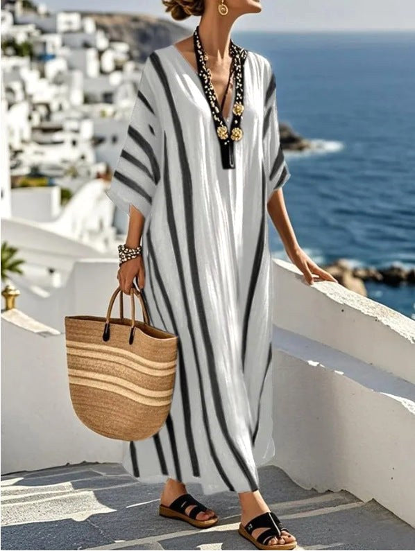 Serena | Women's Mediterranean Long Kaftan Dress - Black and White