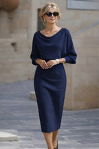 Hailey | Women's Midi Dress with Round Neckline, Flowing Draped Midi Dress | Animated Apparel