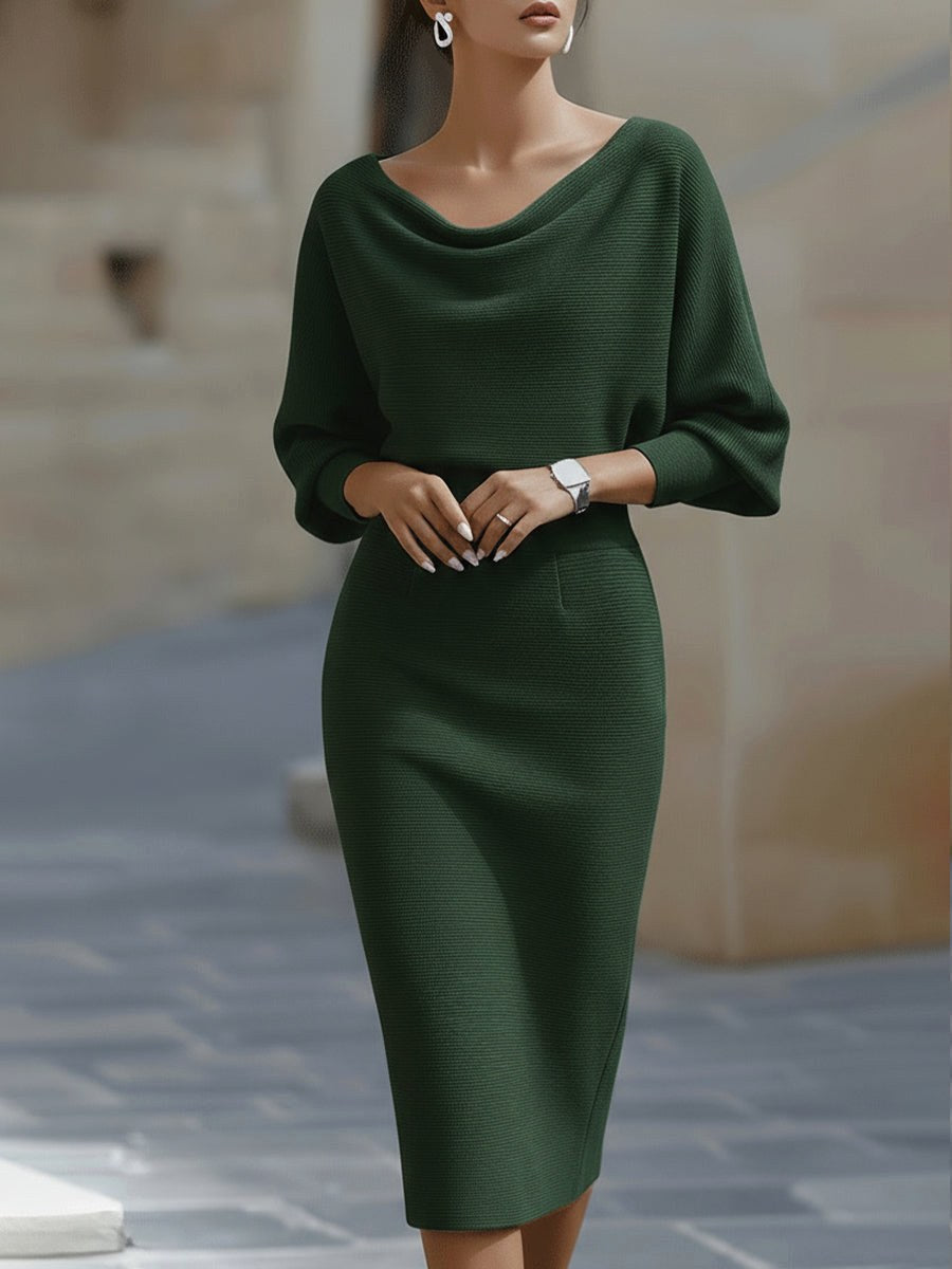 Hailey | Women's Midi Dress with Round Neckline, Flowing Draped Midi Dress | Animated Apparel