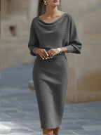 Hailey | Women's Midi Dress with Round Neckline, Flowing Draped Midi Dress | Animated Apparel