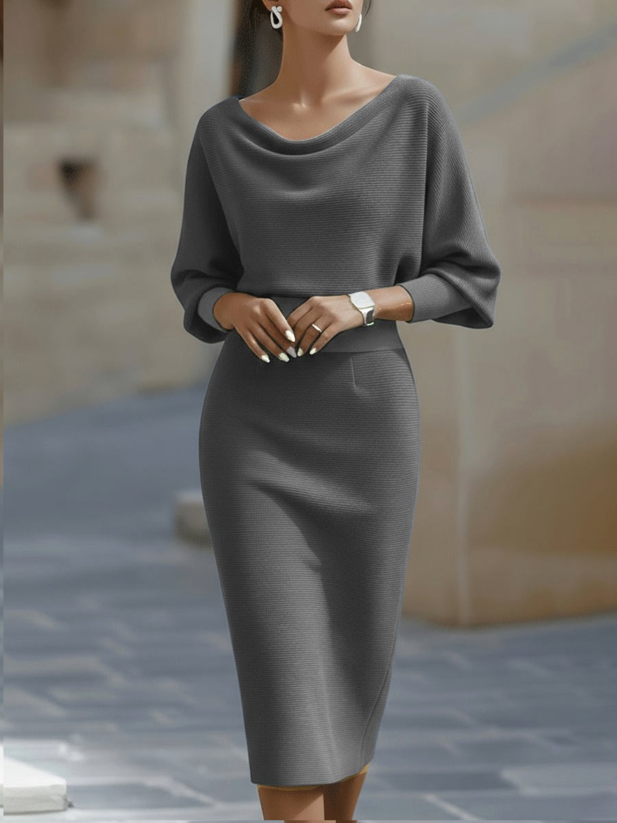 Hailey | Women's Midi Dress with Round Neckline, Flowing Draped Midi Dress | Animated Apparel