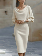 Hailey | Women's Midi Dress with Round Neckline, Flowing Draped Midi Dress | Animated Apparel