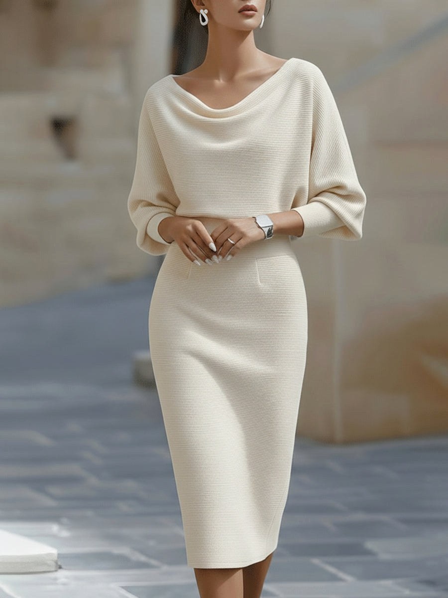 Hailey | Women's Midi Dress with Round Neckline, Flowing Draped Midi Dress | Animated Apparel