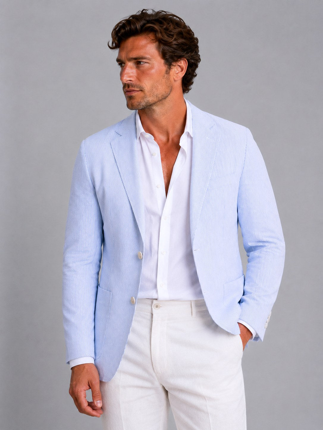 Shaun | Men's Striped Tailored Blazer, Lightweight Suit Jacket | Animated Apparel | Khaki
