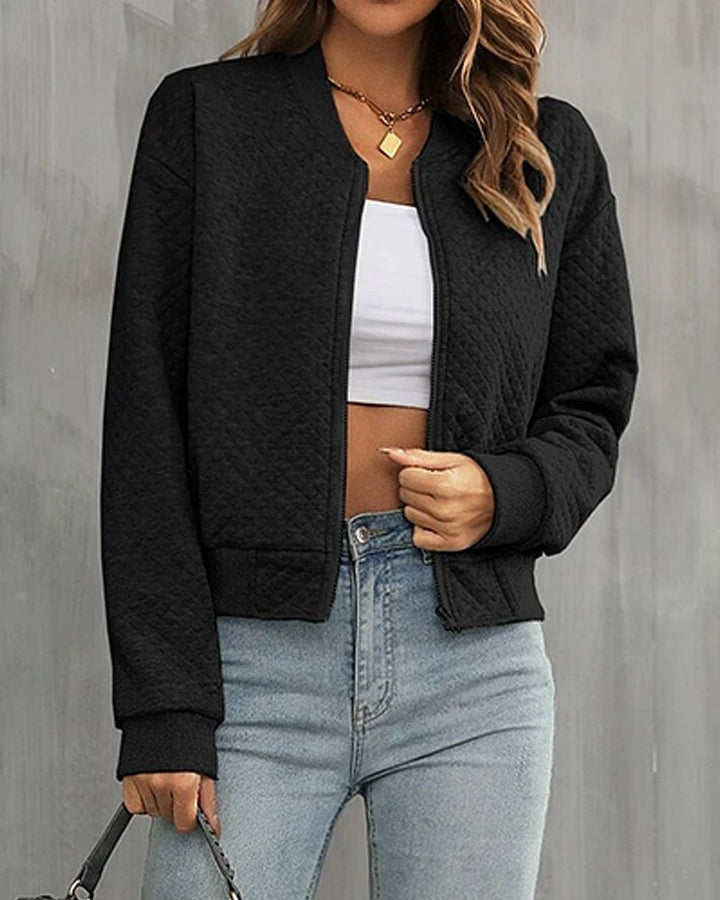 Simone | Women's Quilted Bomber Jacket, Zip-Up Collarless Jacket | Animated Apparel | Black