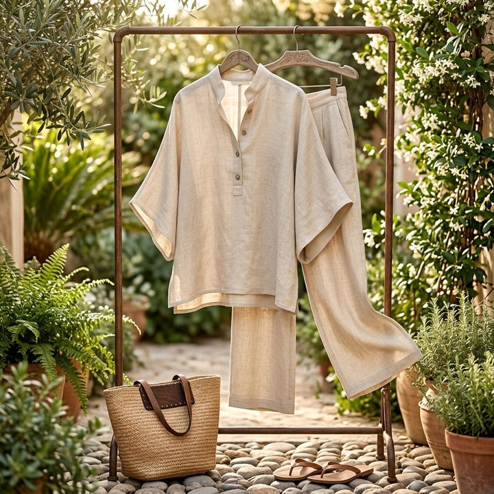 Sloane | Women's Mandarin Collar Kimono Linen Two-Piece Set - image 12