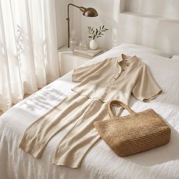 Sloane | Women's Mandarin Collar Kimono Linen Two-Piece Set - image 13