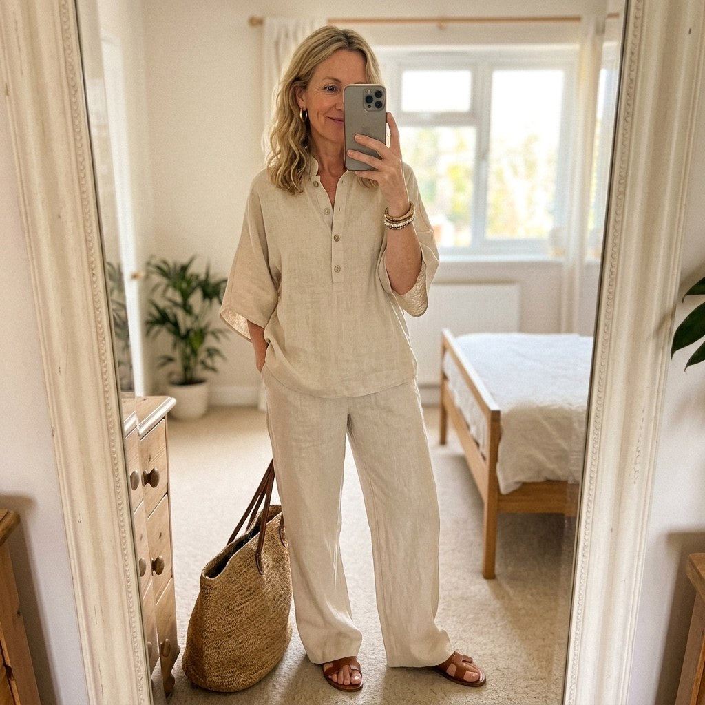 Sloane | Women's Mandarin Collar Kimono Linen Two-Piece Set - image 14