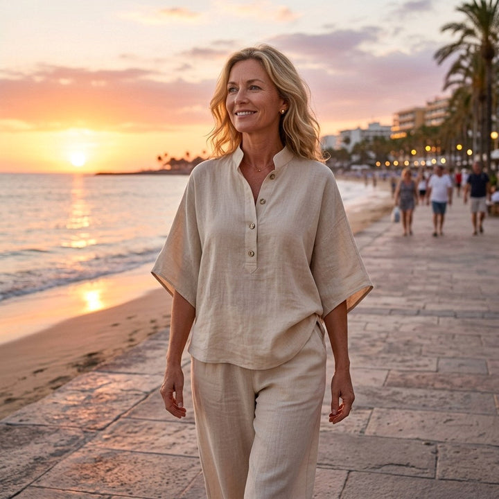 Sloane | Women's Mandarin Collar Kimono Linen Two-Piece Set - image 16