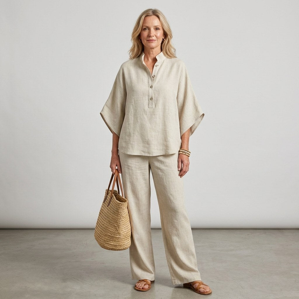 Sloane | Women's Mandarin Collar Kimono Linen Two-Piece Set - image 17