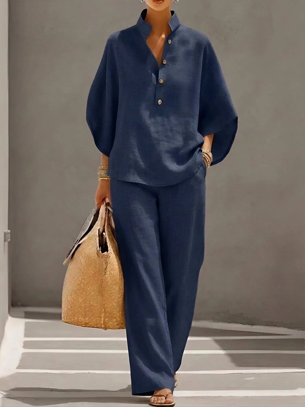 Sloane | Women's Mandarin Collar Kimono Linen Two-Piece Set - Navy