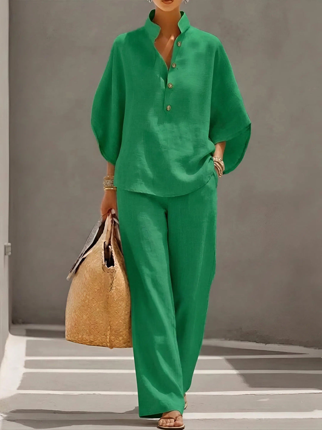 Sloane | Women's Mandarin Collar Kimono Linen Two-Piece Set - Green