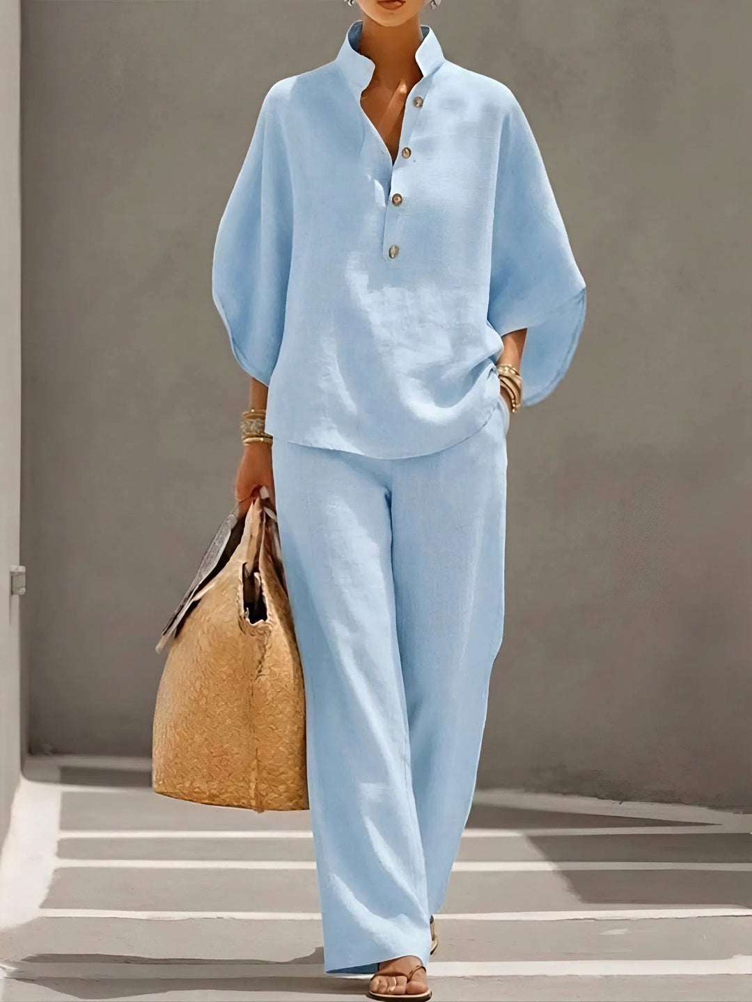 Sloane | Women's Mandarin Collar Kimono Linen Two-Piece Set - Light BLue