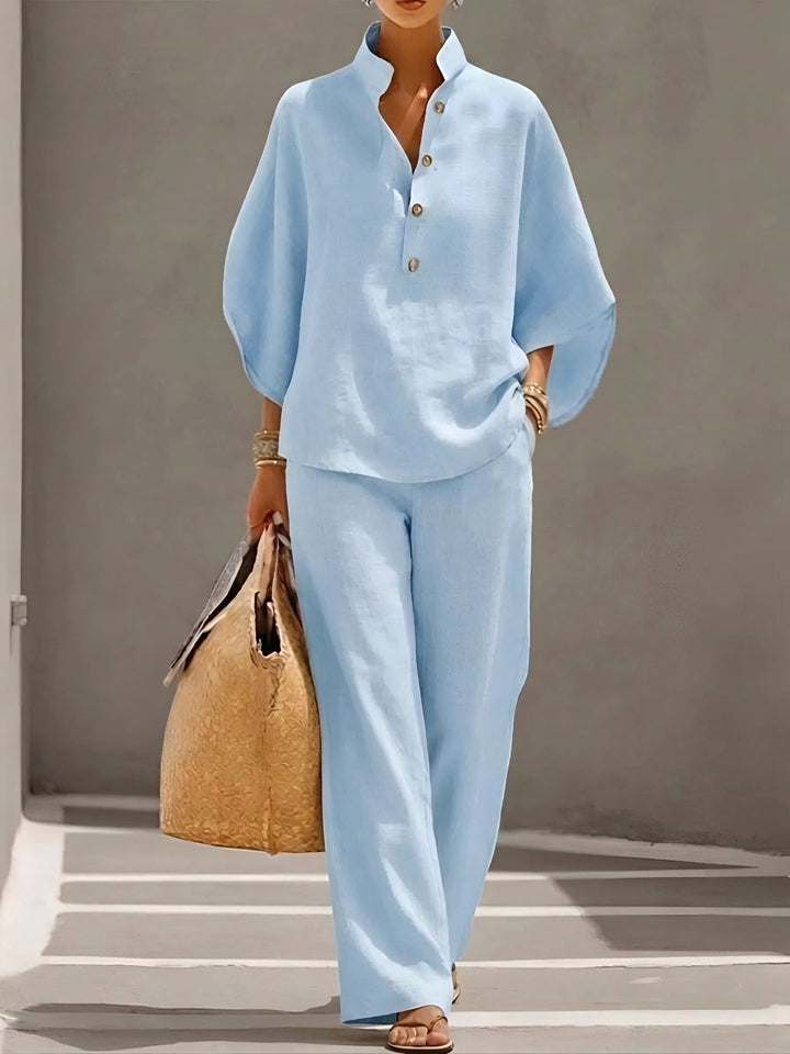 Sloane | Women's Mandarin Collar Kimono Linen Two-Piece Set - Light BLue