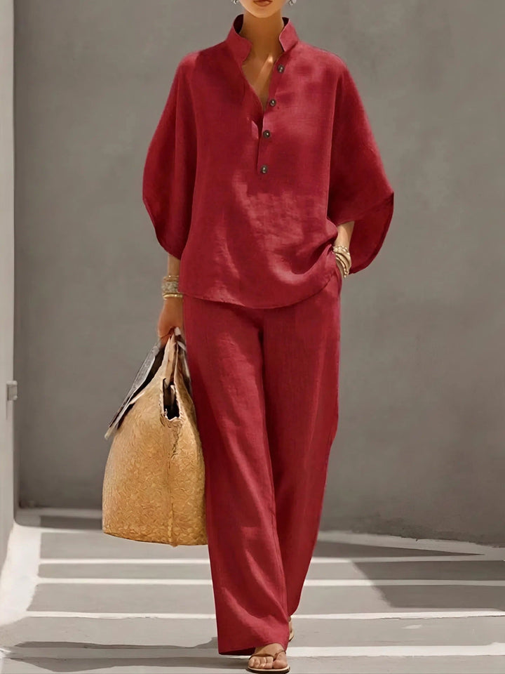 Sloane | Women's Mandarin Collar Kimono Linen Two-Piece Set - Red