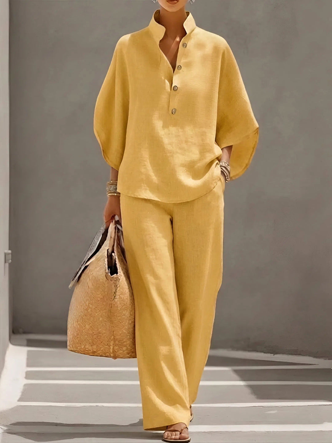 Sloane | Women's Mandarin Collar Kimono Linen Two-Piece Set - Yellow