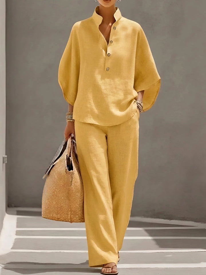 Sloane | Women's Mandarin Collar Kimono Linen Two-Piece Set - Yellow