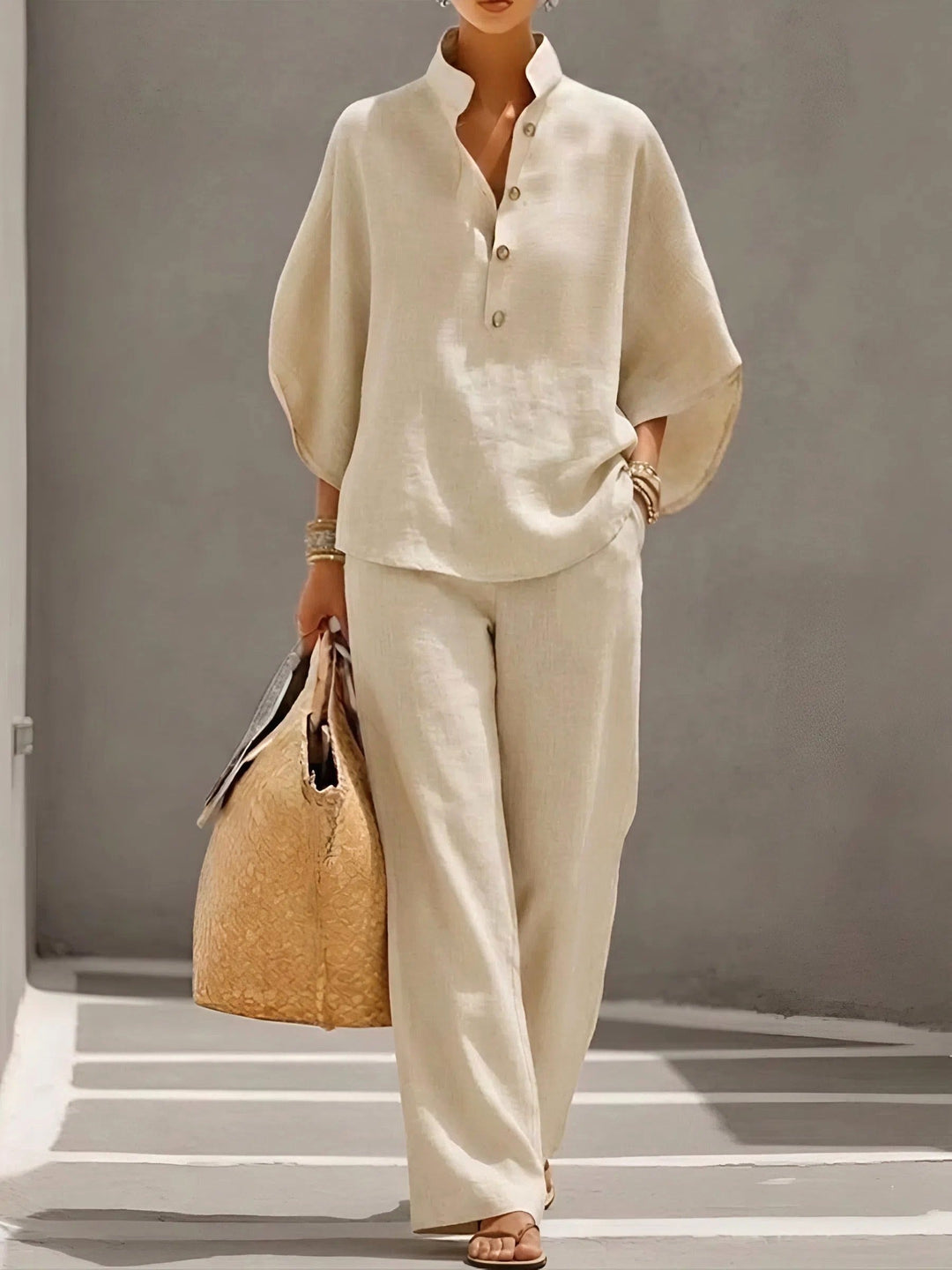 Sloane | Women's Mandarin Collar Kimono Linen Two-Piece Set - image 9