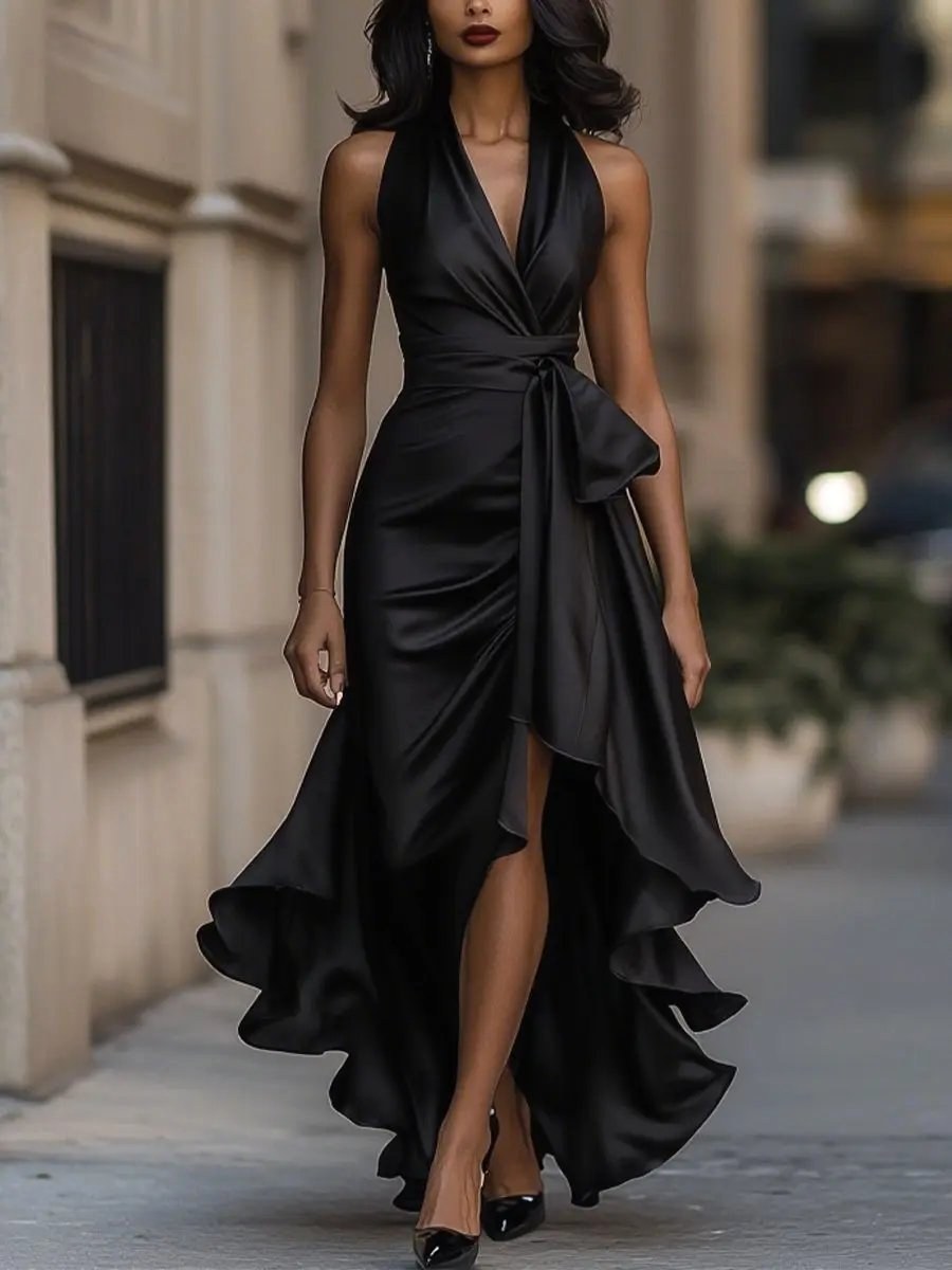 Solange | Women's Halterneck Wrap Maxi Dress, Asymmetrical Evening Dress | Animated Apparel