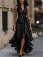 Solange | Women's Halterneck Wrap Maxi Dress, Asymmetrical Evening Dress | Animated Apparel