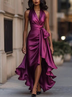 Solange | Women's Halterneck Wrap Maxi Dress, Asymmetrical Evening Dress | Animated Apparel
