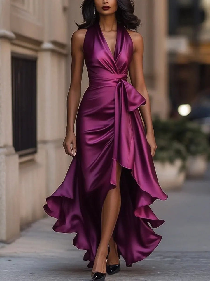 Solange | Women's Halterneck Wrap Maxi Dress, Asymmetrical Evening Dress | Animated Apparel