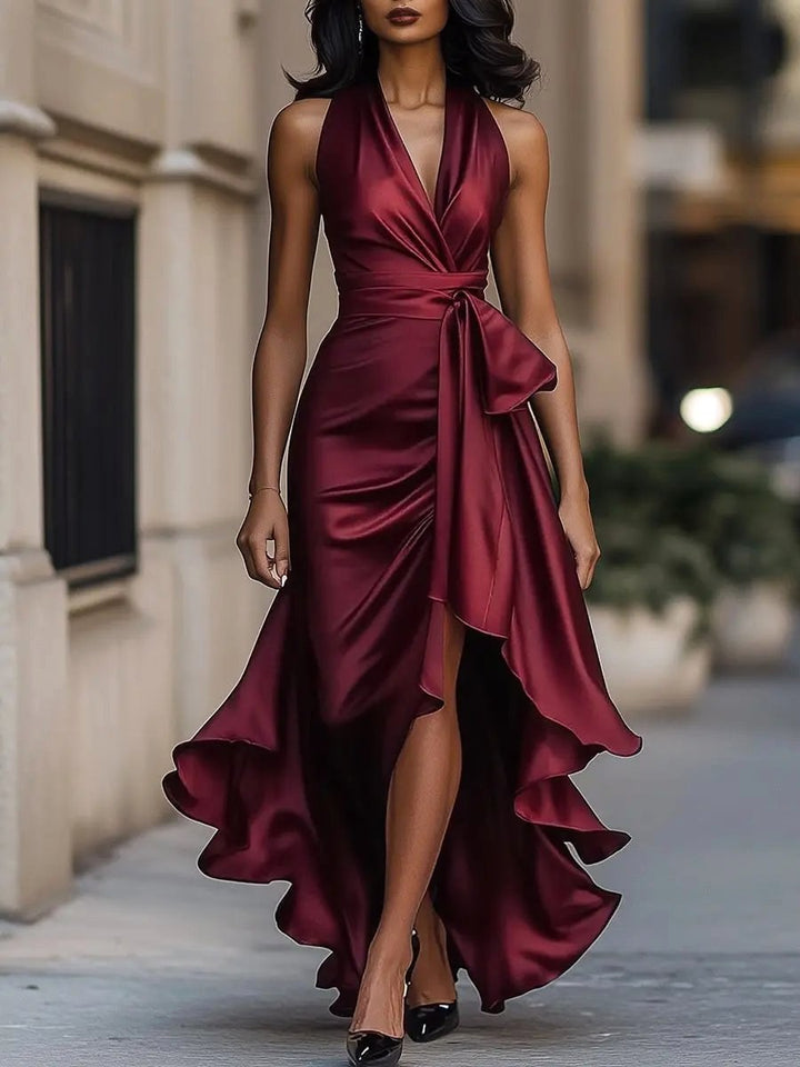 Solange | Women's Halterneck Wrap Maxi Dress, Asymmetrical Evening Dress | Animated Apparel | Brown