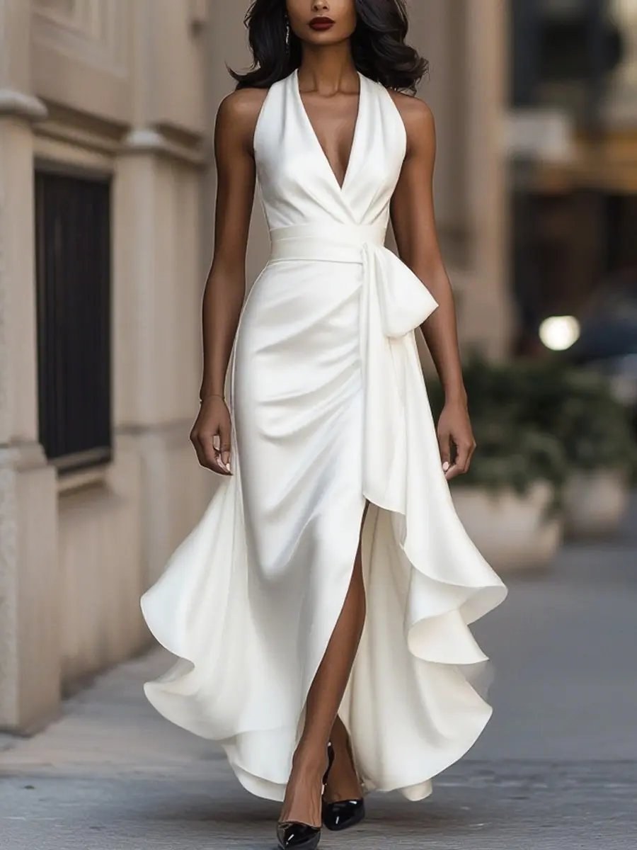 Solange | Women's Halterneck Wrap Maxi Dress, Asymmetrical Evening Dress | Animated Apparel | Black