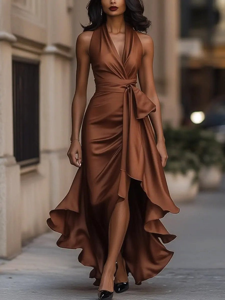 Solange | Women's Halterneck Wrap Maxi Dress, Asymmetrical Evening Dress | Animated Apparel