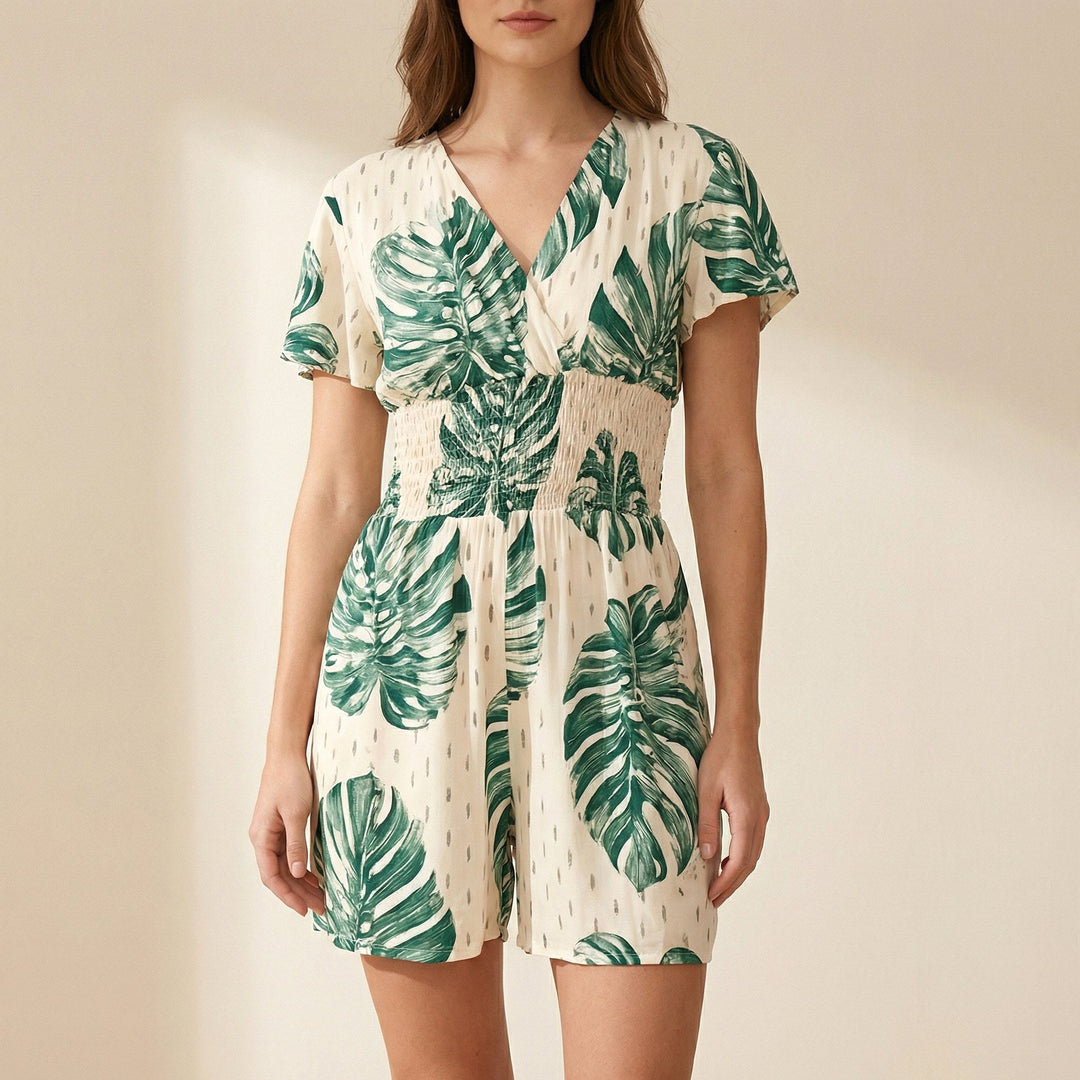 Soleila | Women's Tropical Wrap Romper With Pockets - White