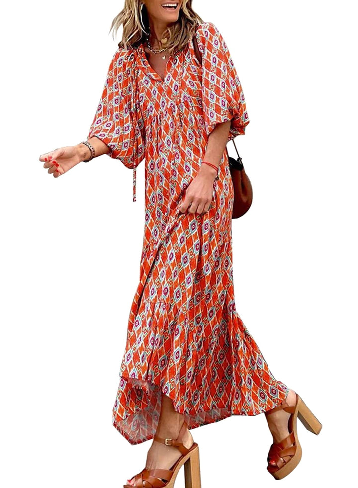 Sophia | Women's Boho Lightweight V-Neck Maxi Dress - B-Red