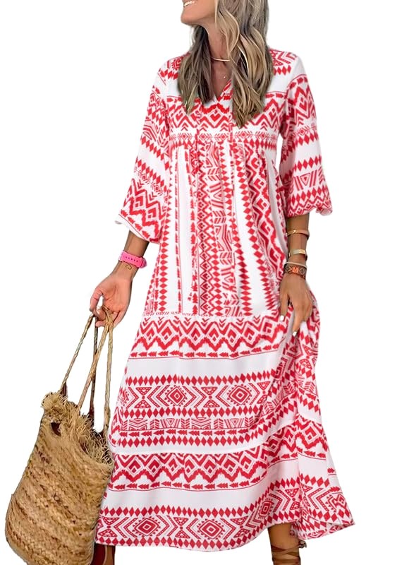 Sophia | Women's Boho Lightweight V-Neck Maxi Dress - B-Orange