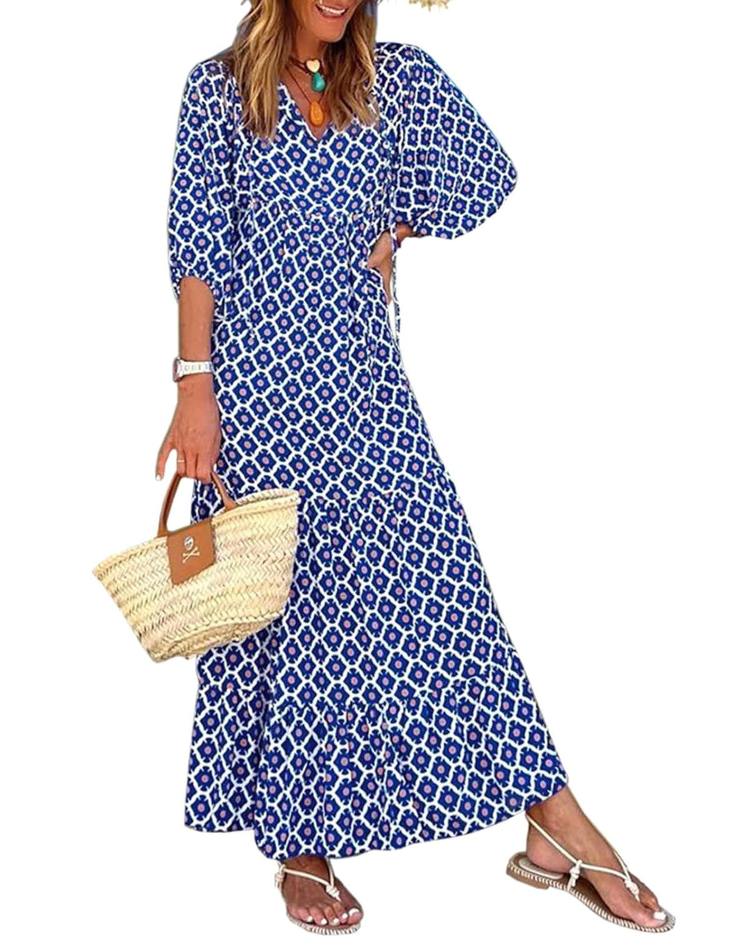 Sophia | Women's Boho Lightweight V-Neck Maxi Dress - Royal Blue