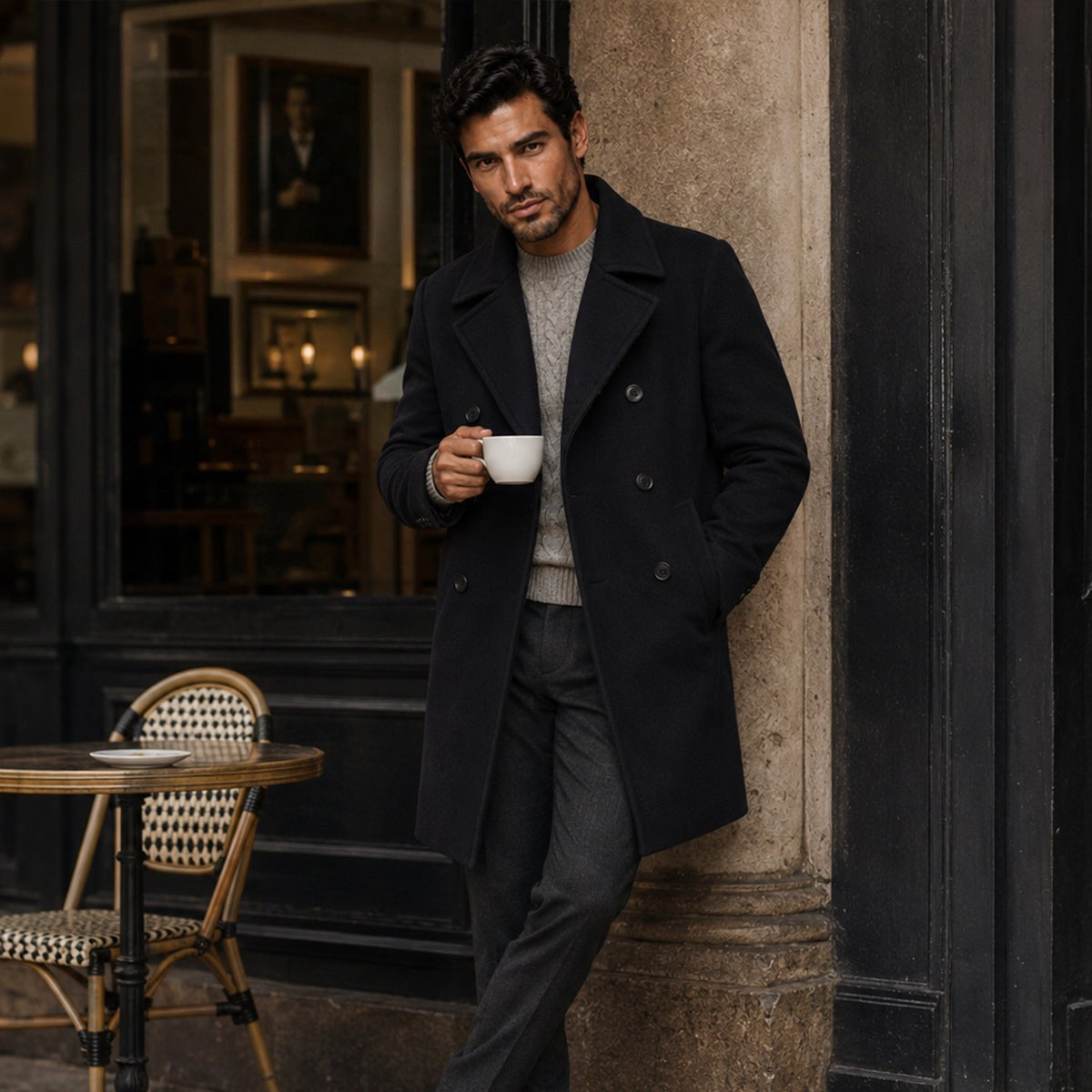 Spencer | Men's Double Breasted Wool Peacoat, Warm Winter Coat | Animated Apparel